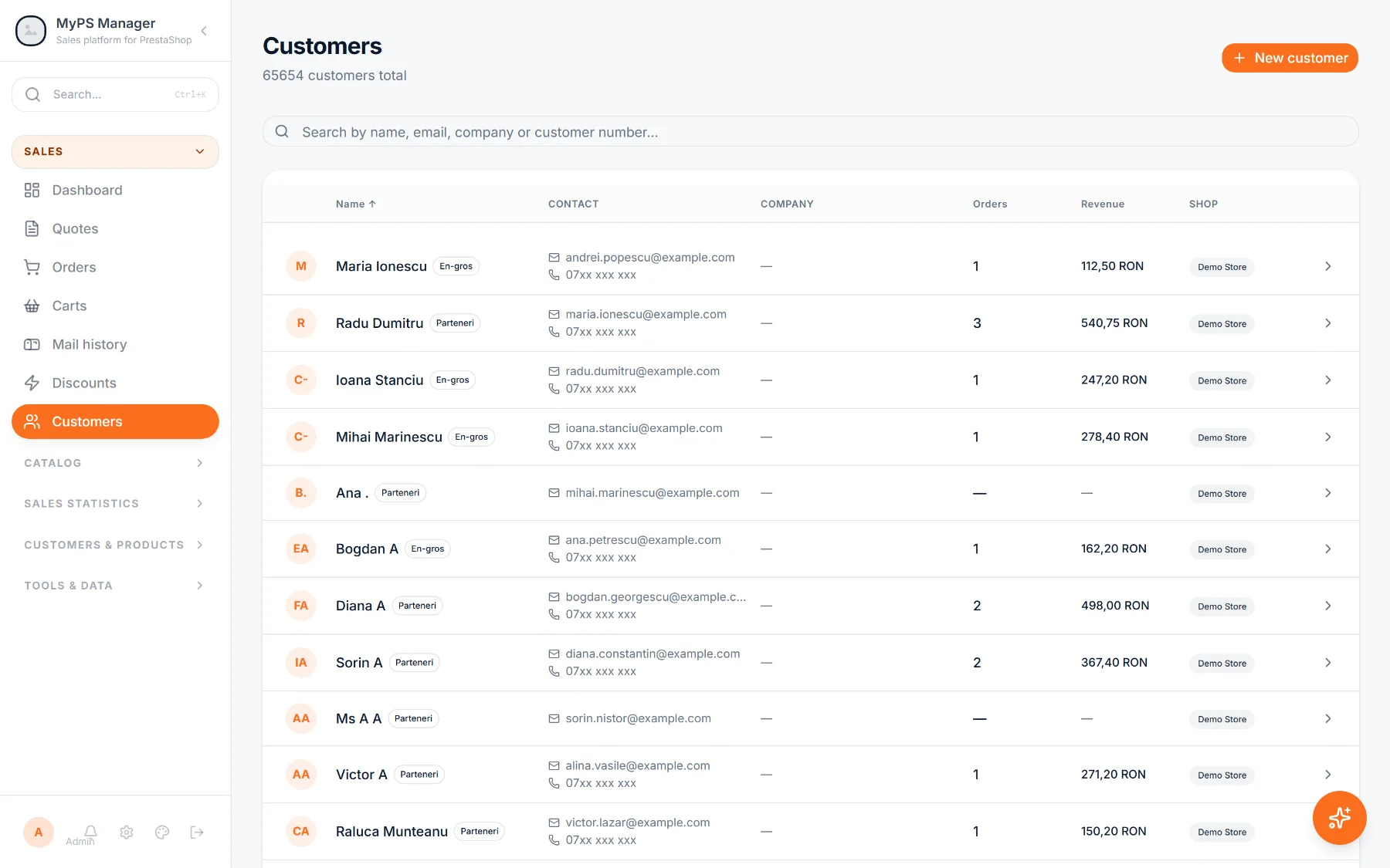 The customer list of a working instance, with orders, value and last activity per row.